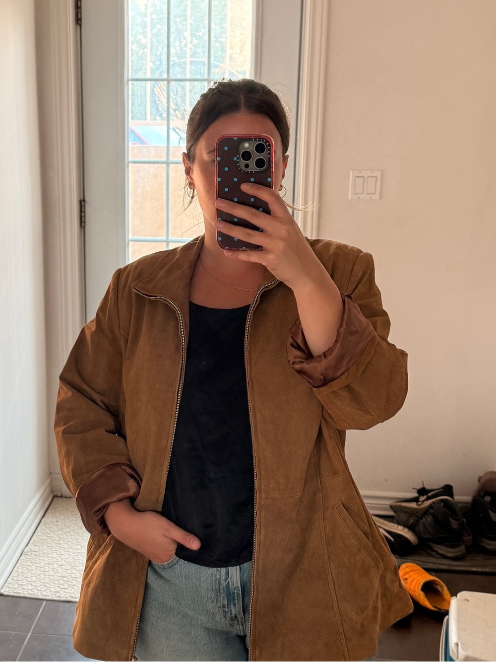100% Suede Leather Womens Tan Zip-Front Jacket